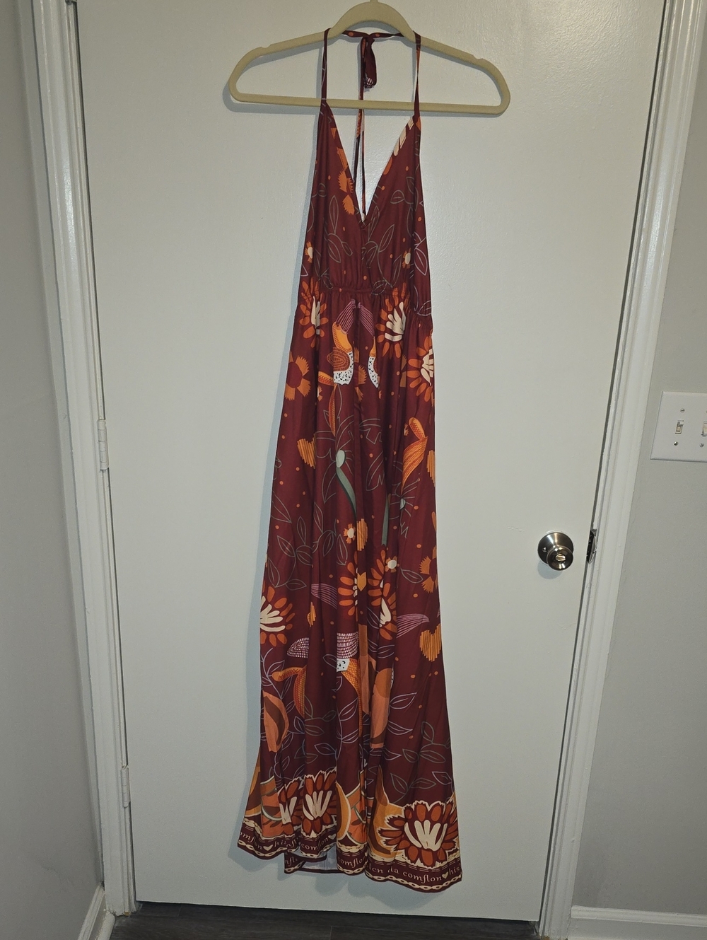 SHEIN Maroon Floral Maxi Dress with Orange Accents